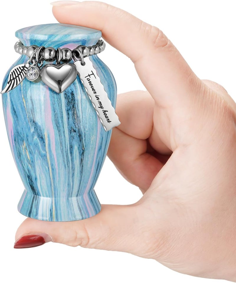 XIUDA Memorials Small Urns for Human Ashes Keepsake Aluminum Mini Urns for Ashes with Angel Wing Charm Decorative Burial Urn Funeral Cremation Urns for Women and Men (Ocean Blue) - Image 1